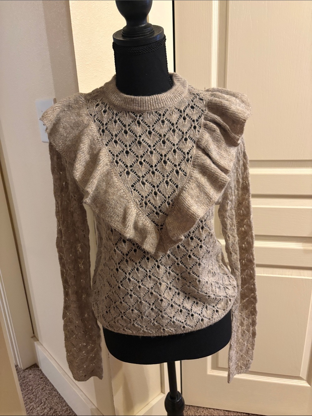 American Eagle Outfitters Beige Ruffle Detail Open-Knit Sweater
